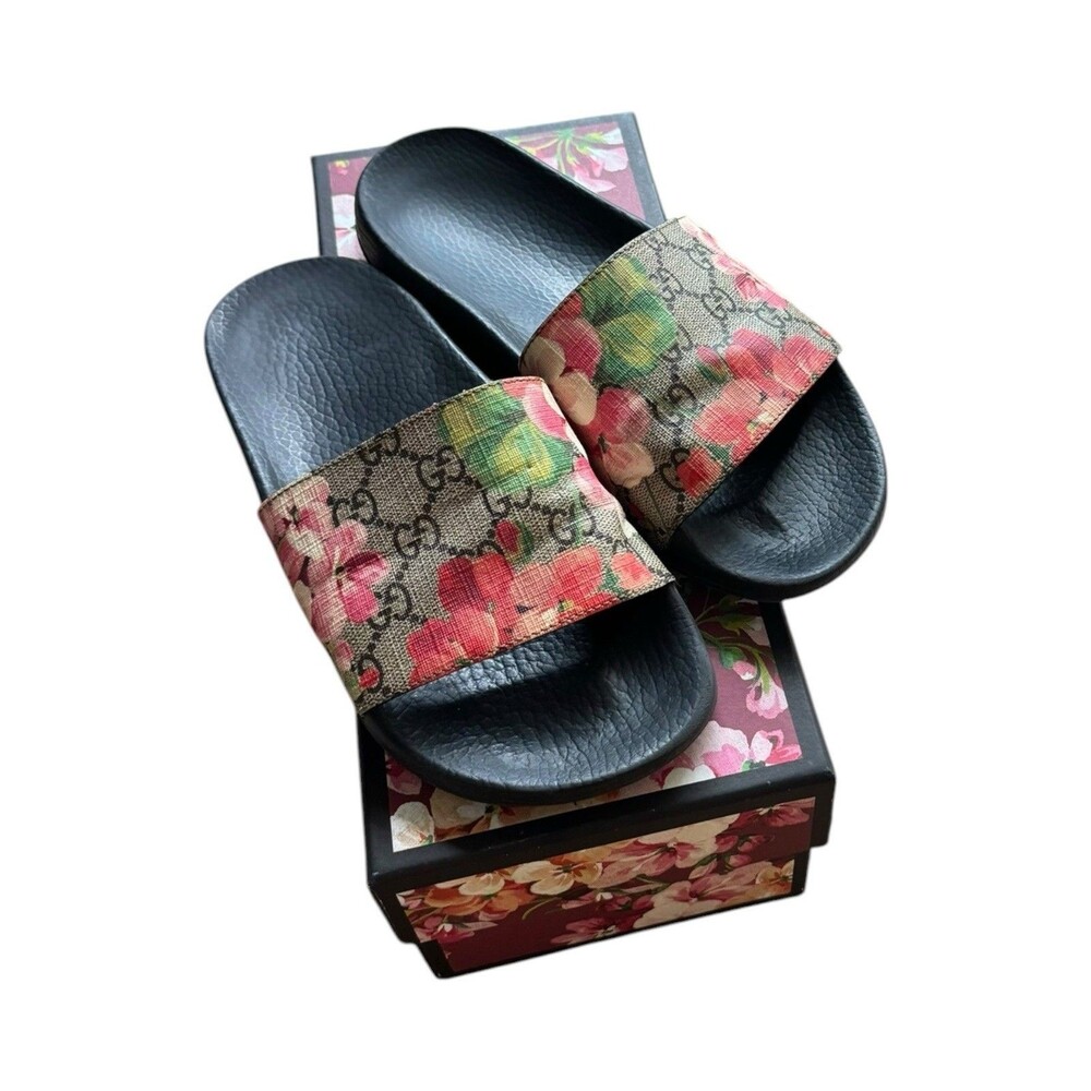 Gucci GG Blooms Floral Slide Sandals Black Pink EU 39 US 9